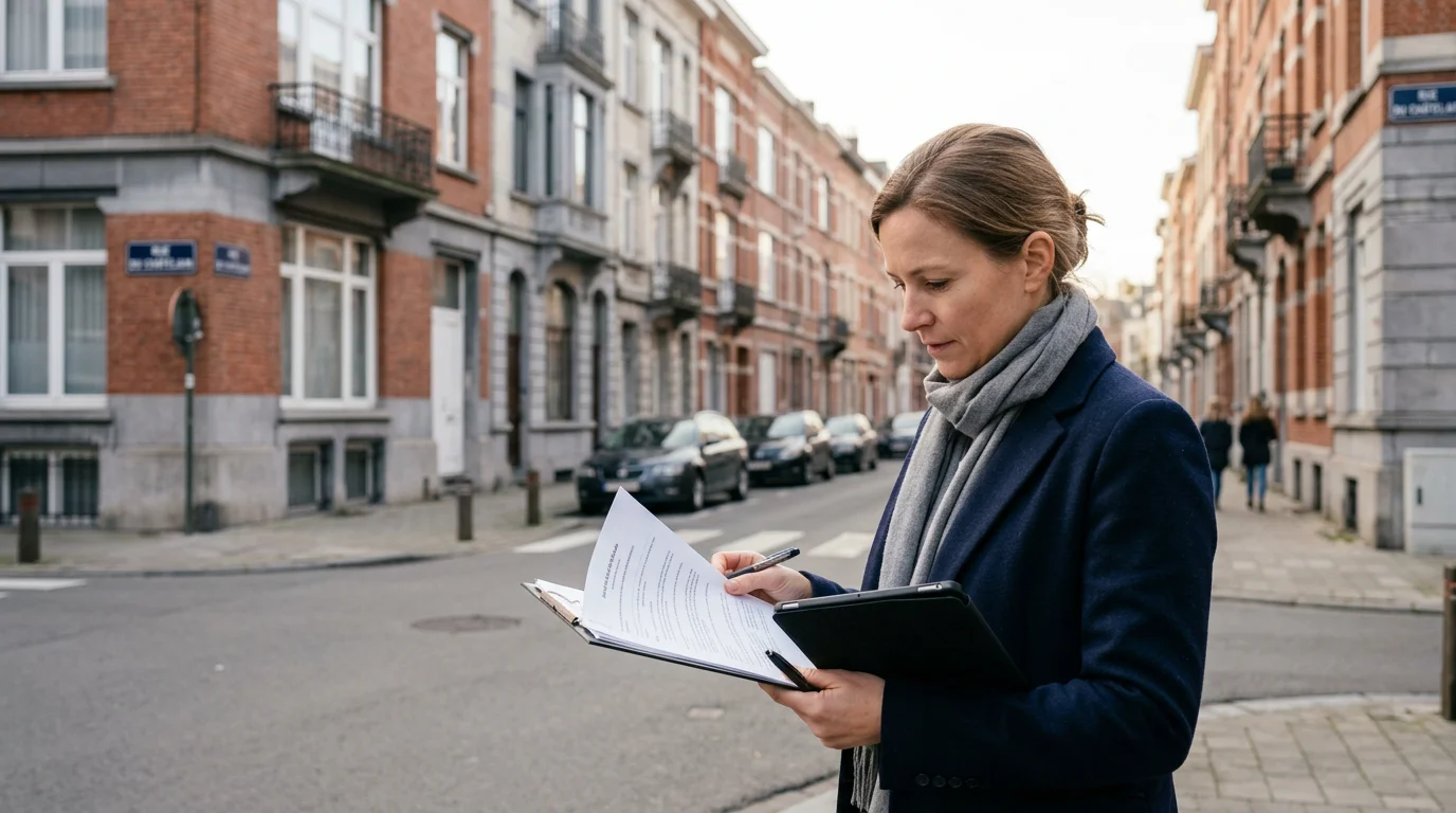 Audit rapide d'une copropriété devant un immeuble résidentiel à Bruxelles
