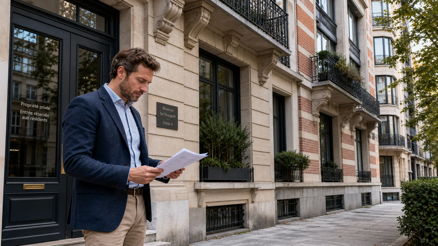 Immeuble d'appartements à Bruxelles avec une personne consultant un devis de syndic