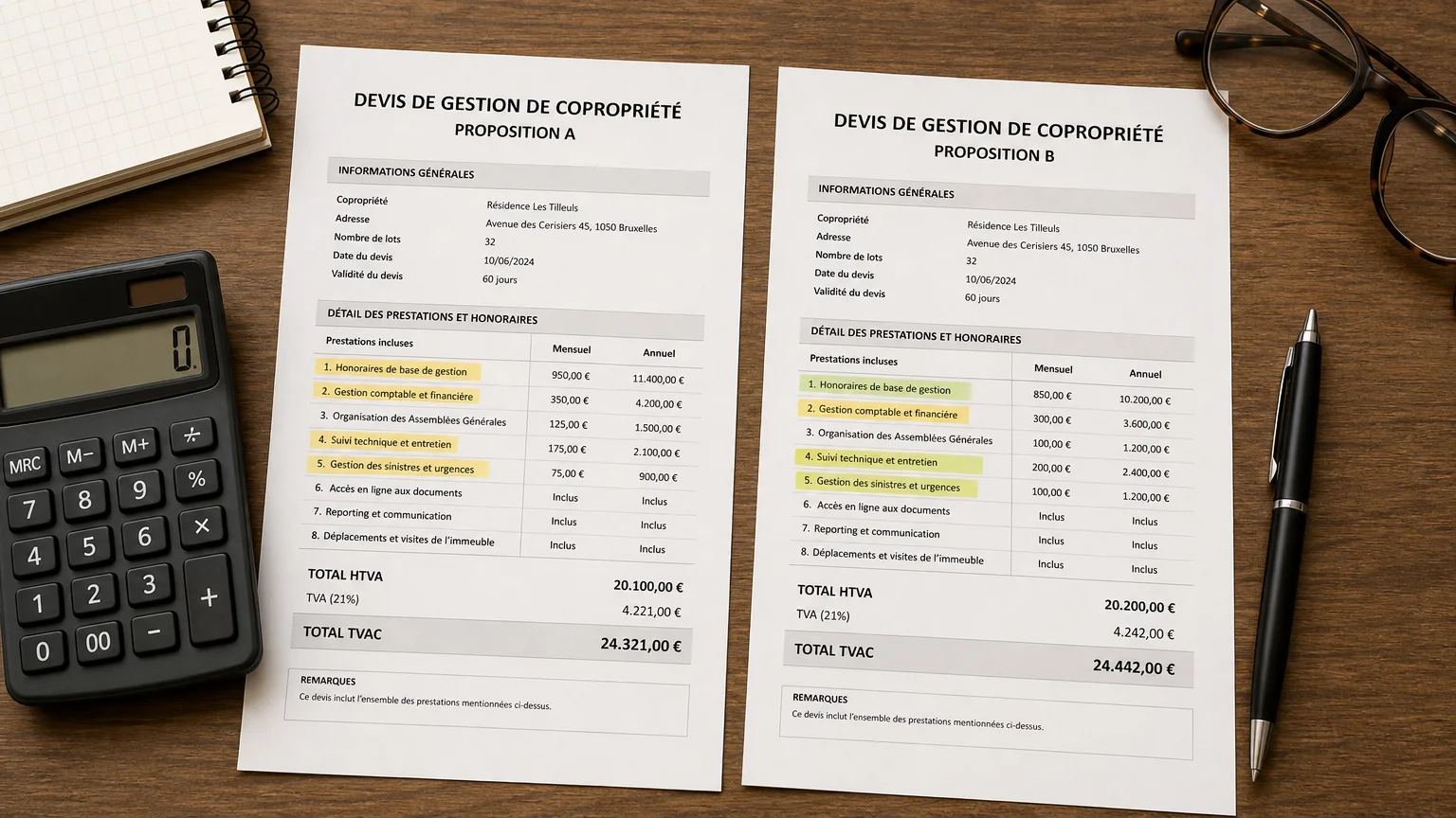 Comparaison de deux devis de syndic de copropriété posés sur un bureau