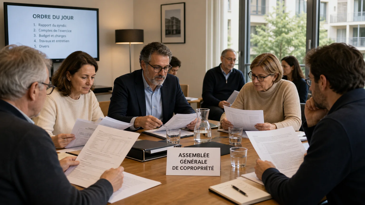 Assemblée générale de copropriété examinant des devis de syndic