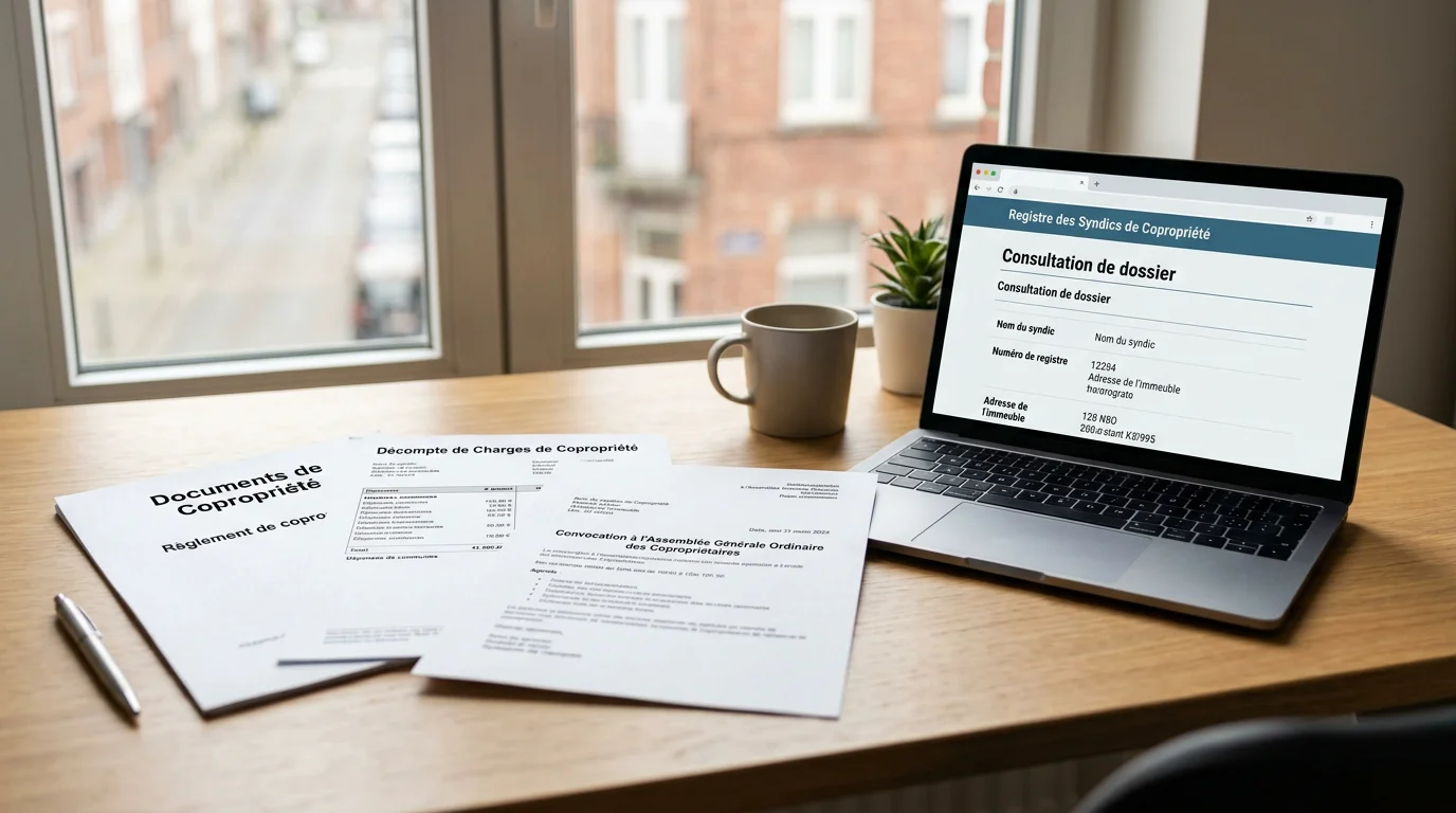 Documents de copropriété et ordinateur affichant un registre officiel