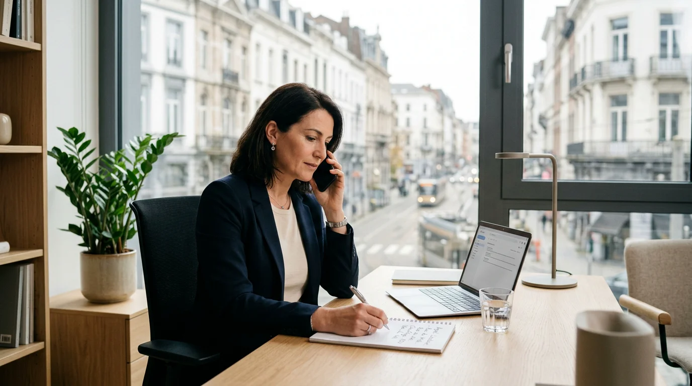 Gestionnaire de copropriété au téléphone dans un bureau lumineux