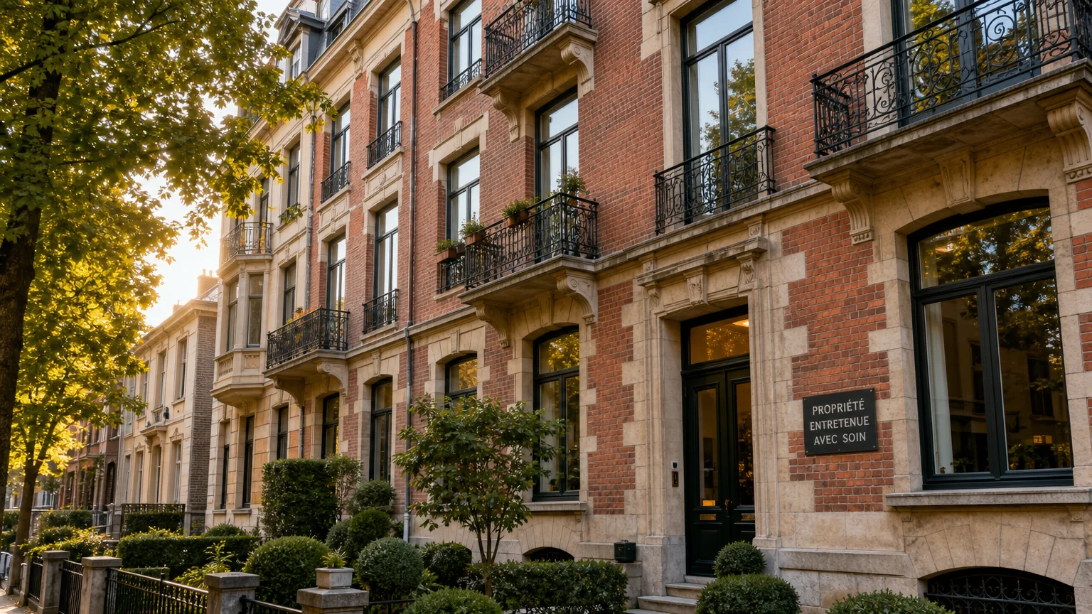 Immeuble en copropriété bien entretenu dans une rue de Bruxelles