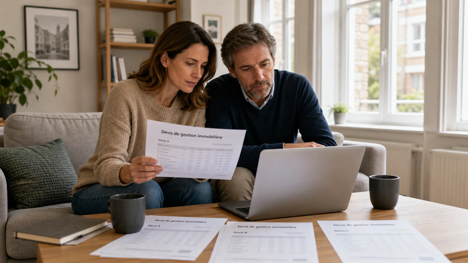 Copropriétaires comparant plusieurs devis de syndic à domicile