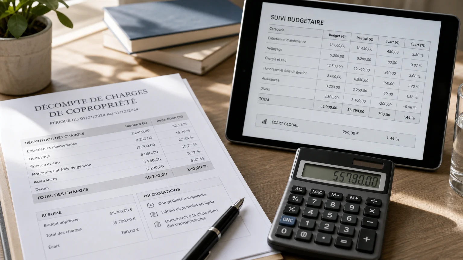 Bureau avec décompte de charges et calculatrice pour comparer les honoraires de syndic