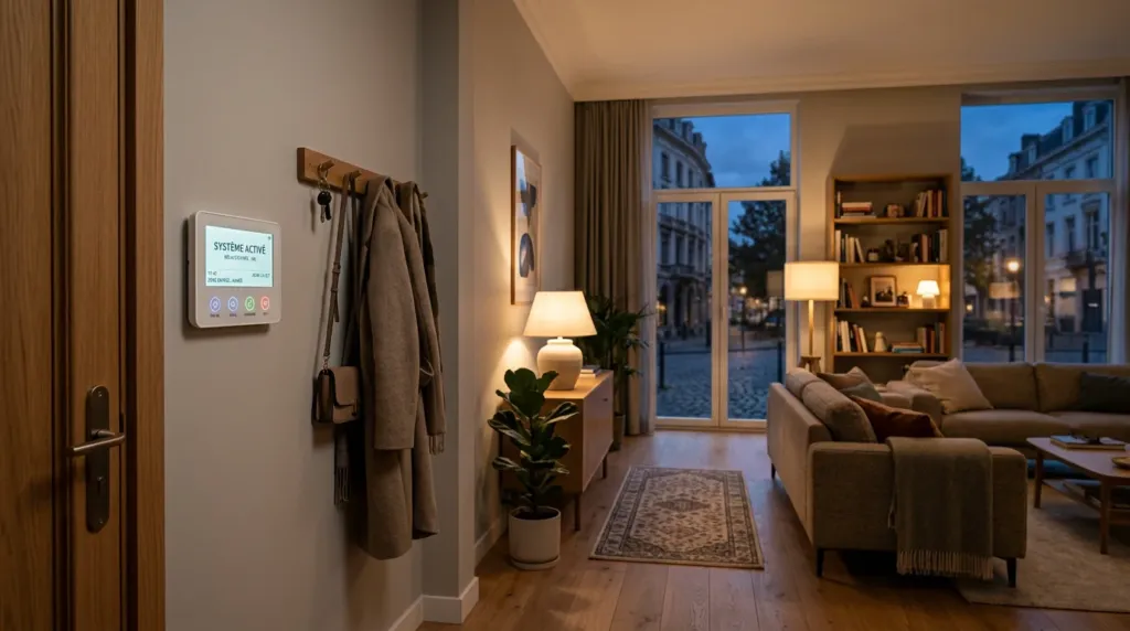 Panneau de commande d'alarme sans fil dans un appartement bruxellois au crépuscule