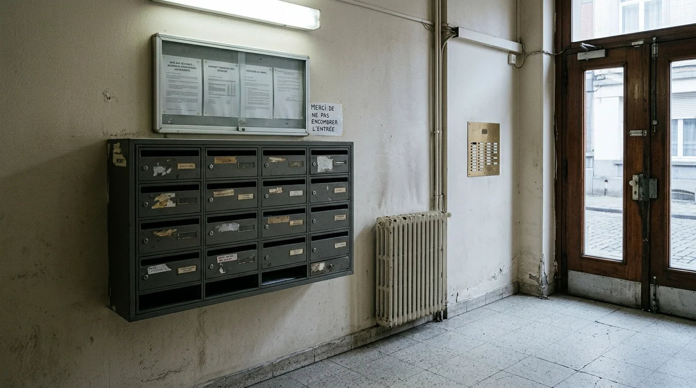 Hall d'immeuble bruxellois illustrant les risques d'une gestion sans syndic