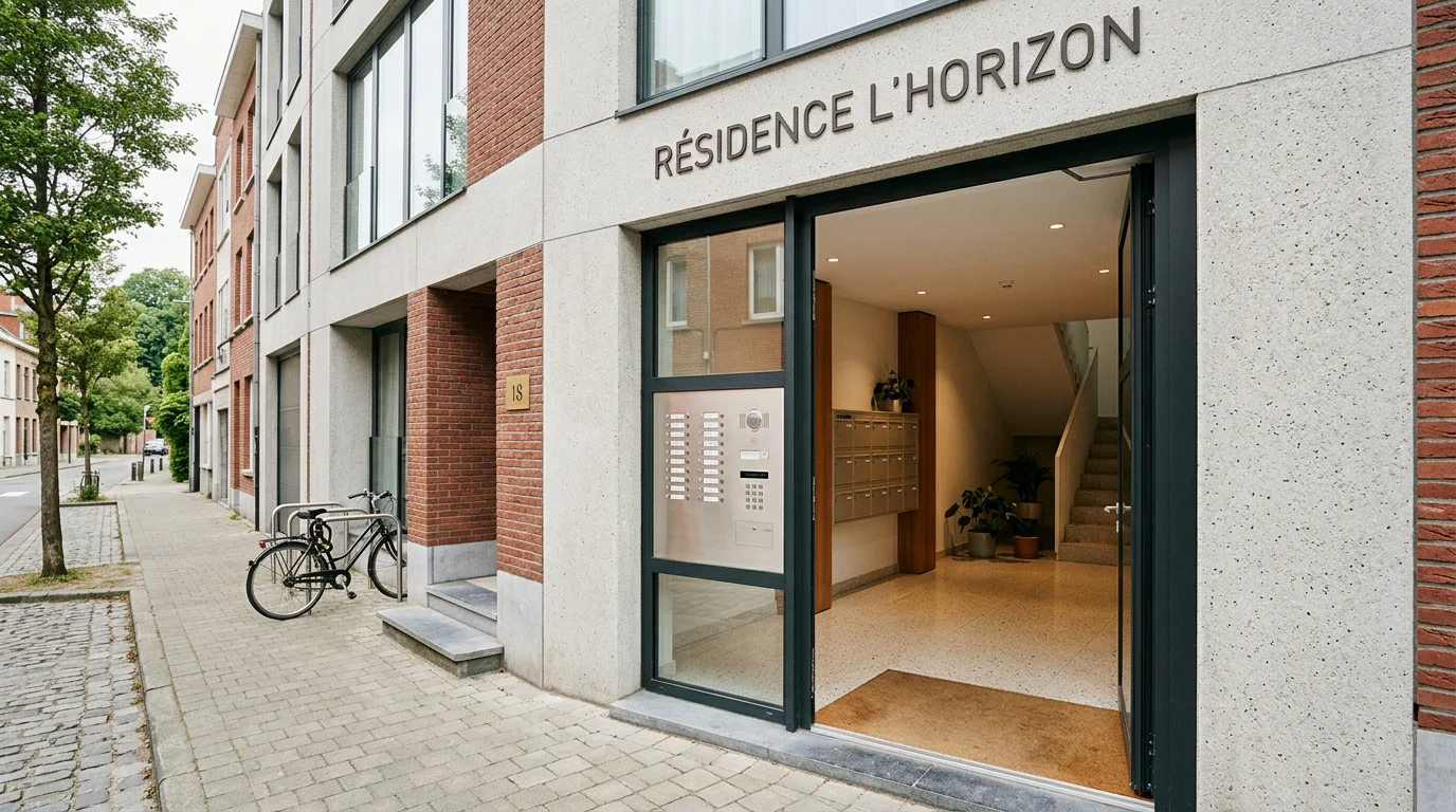 Entrée d'un immeuble en copropriété illustrant le règlement d'ordre intérieur