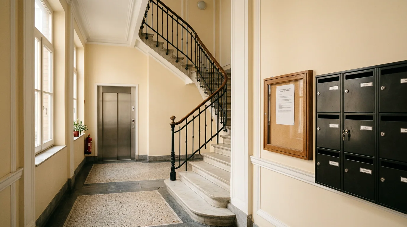 Panneau d'affichage avec un règlement dans le hall d'un immeuble en copropriété