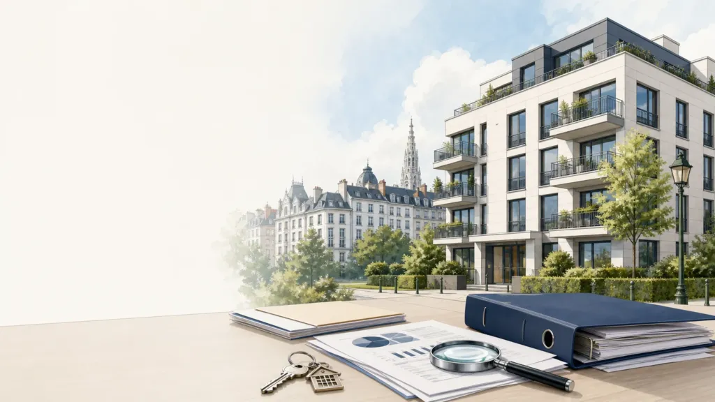 Illustration éditoriale d’une copropriété bruxelloise comparant plusieurs syndics