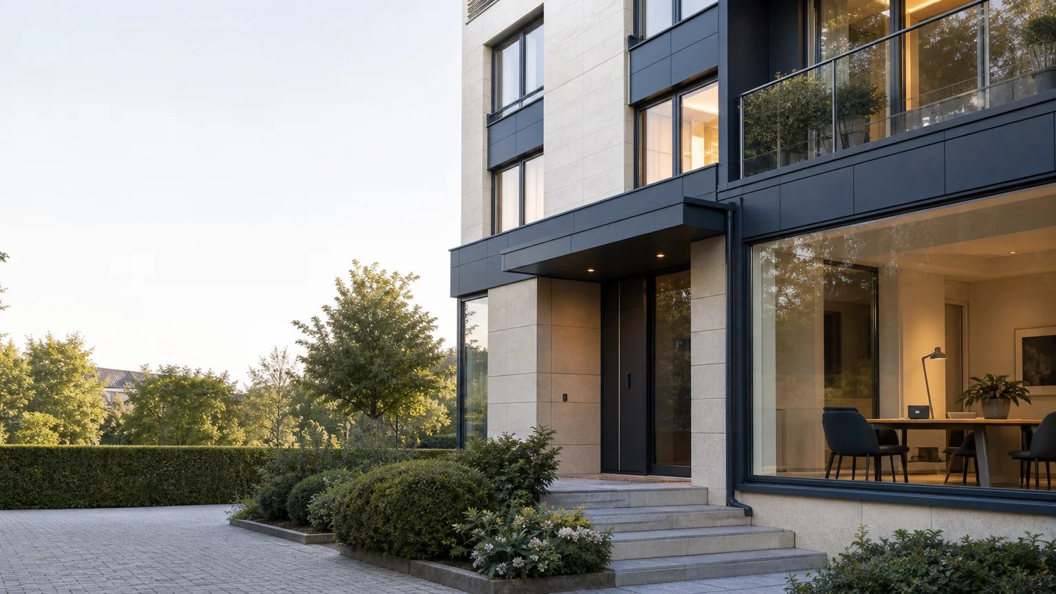Immeuble résidentiel et documents évoquant la comptabilité d’une copropriété