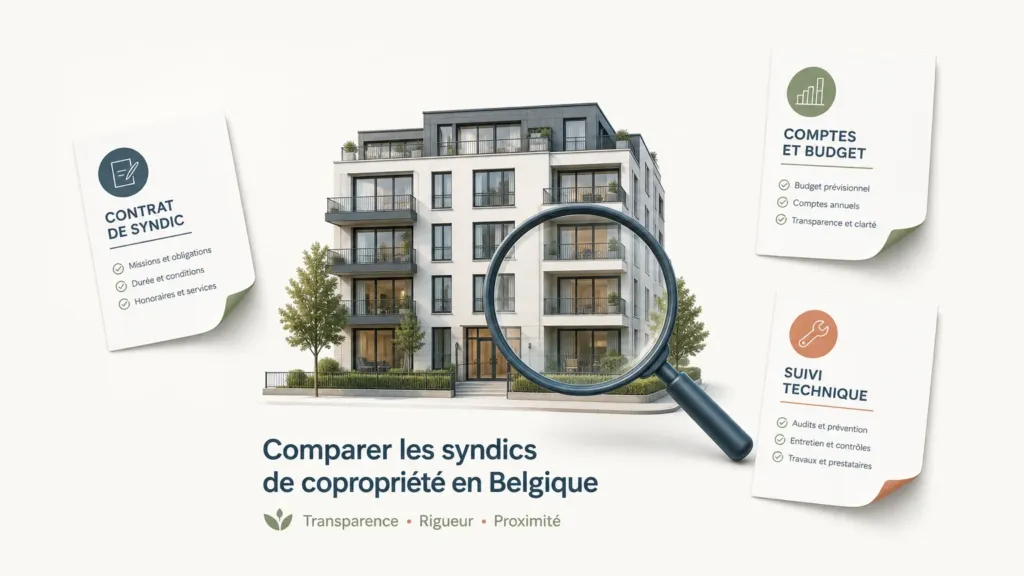 Illustration d’un immeuble belge comparé avec une loupe et des documents