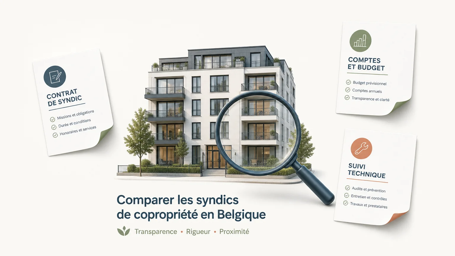 Illustration d’un immeuble belge comparé avec une loupe et des documents