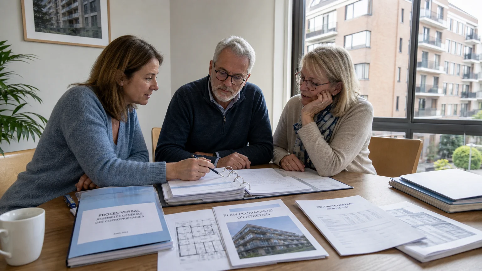 Copropriétaires vérifiant les comptes et documents de leur immeuble