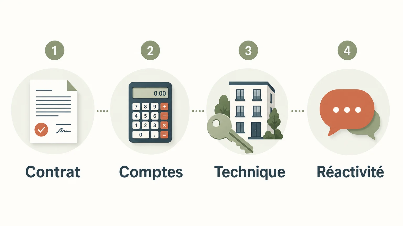 Checklist visuelle pour comparer quatre critères d’un syndic
