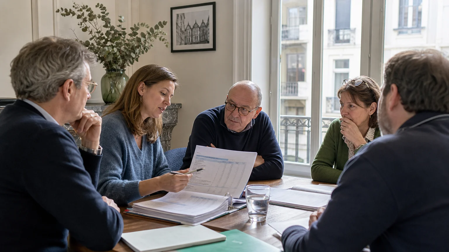 Réunion de copropriétaires examinant des documents de gestion