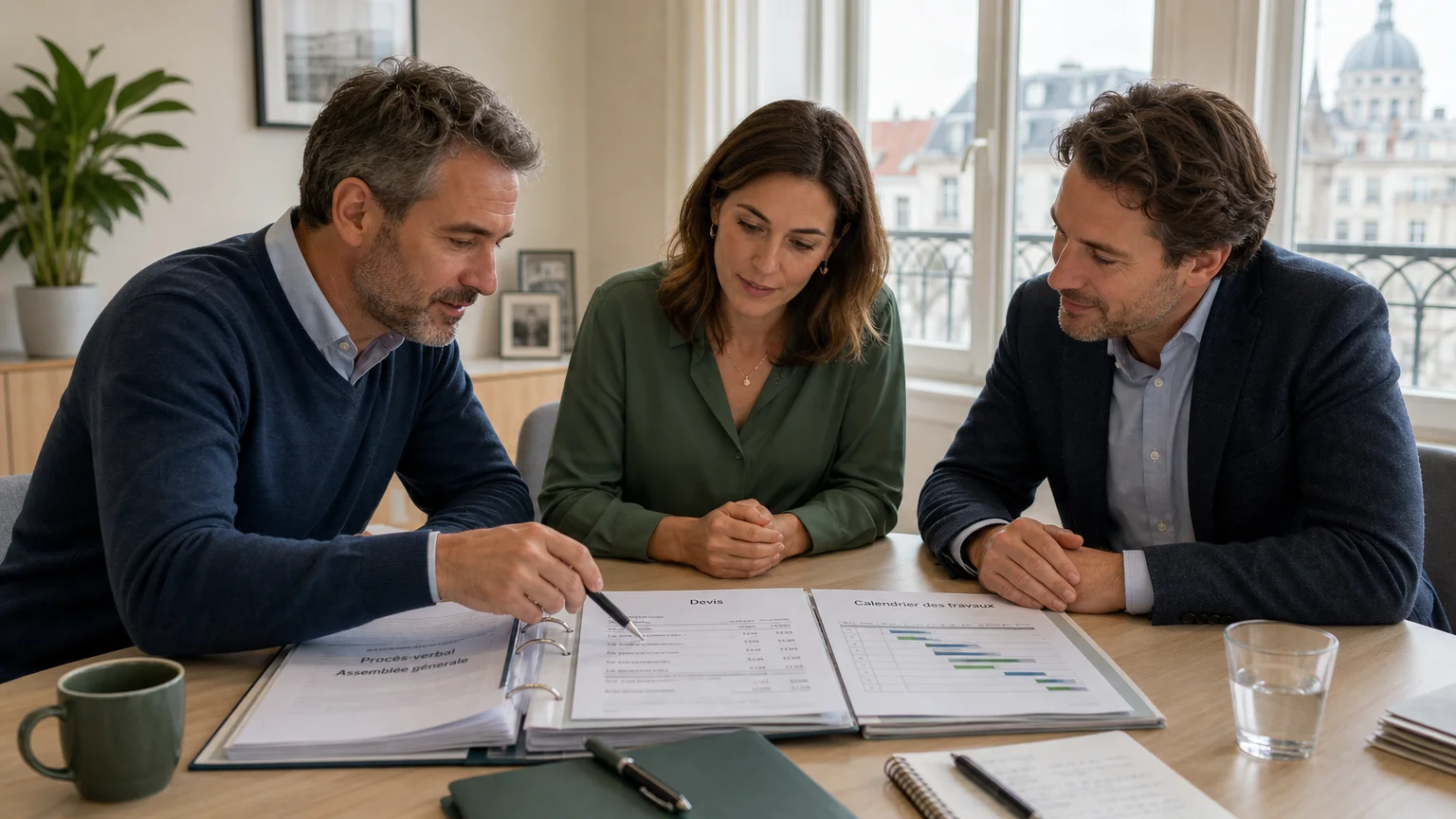 Copropriétaires consultant des documents de gestion lors d’une réunion