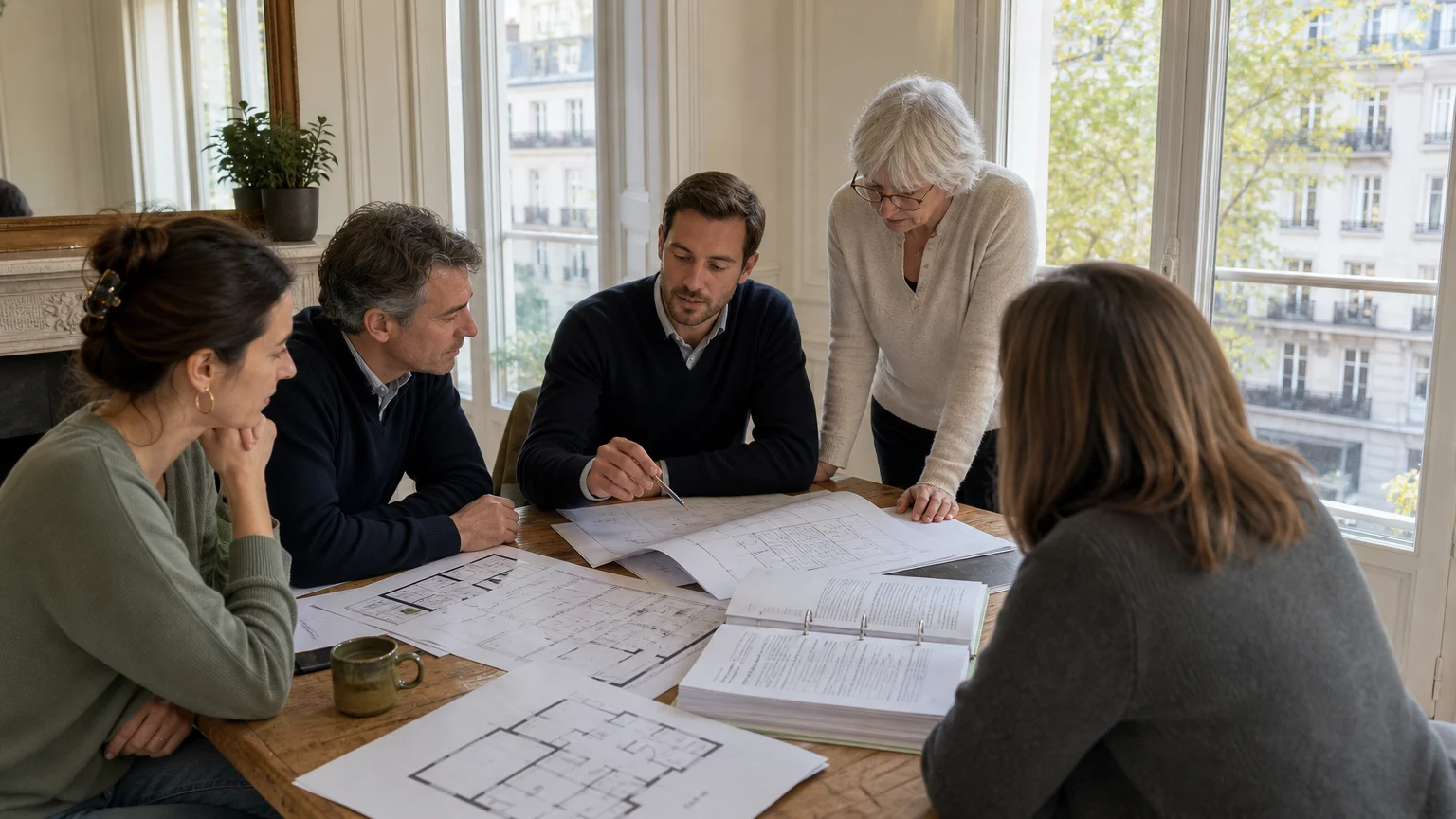Réunion de copropriétaires consacrée à un projet de rénovation énergétique
